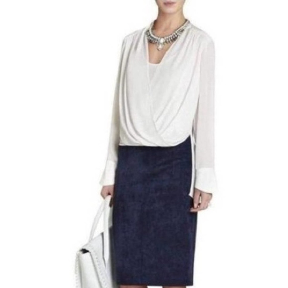 Bcbgmaxazria Bess Navy Faux Suede Pencil Skirt Midi Sz L